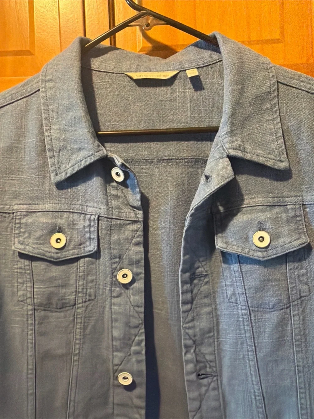Soft Surroundings Light Blue Denim Jacket with Crochet Sleeves